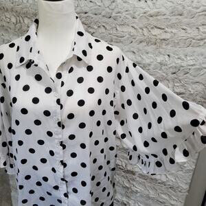 Zac & Rachel White Button-Up Boho Sleeve Blouse With Black Polka Dots | Womens M